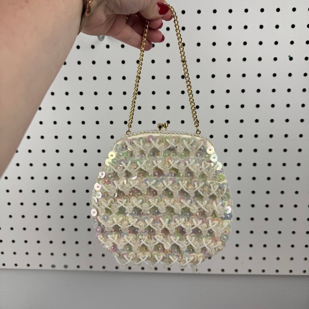 Vtg 1960s Hong Kong Beaded Sequin‎ Evening Bag White Iridescent Bridal Purse
